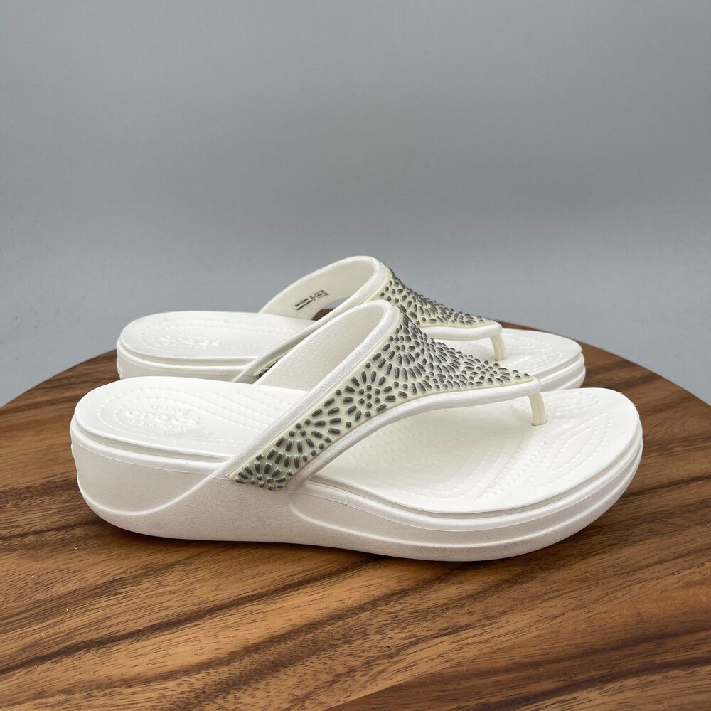 Crocs Monterey Sandals Womens Size 9 White Diamante Wedge Flip Flops Slip On